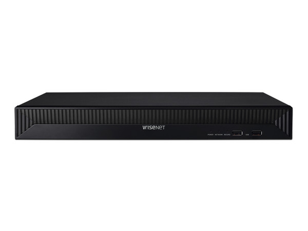 NVR Hanwha QRN-1630S de 8MP (3480 x 2160), 16 Canales, 16 puertos PoE, 2 puertos SATA de hasta 10TB (No incluye disco duro).