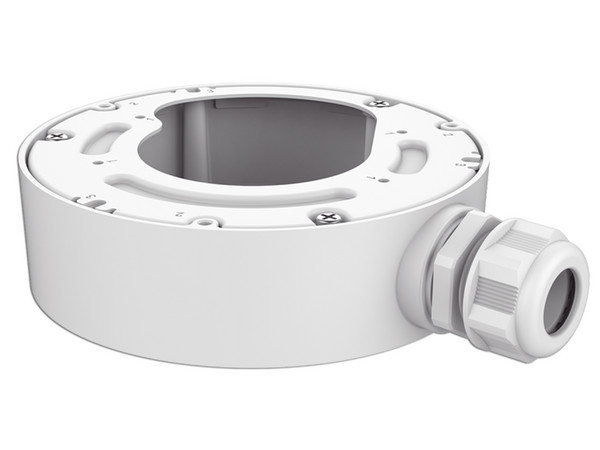 Caja de Conexión Hikvision DS-2280ZJ-WA140, compatible con cámaras Fisheye IP, DS-2CD63C5G1-IVS y DS-2CD6365G1-IVS, uso en exterior.
