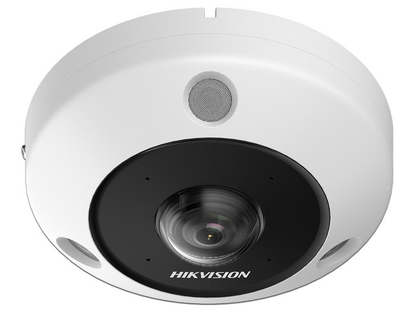 Cámara de Vigilancia Tipo Ojo de Pez Hikvision DS-2CD6365G1-IVS de 6MP, Lente de 1,16 mm, IR de 15mm, IP67, Micrófono Integrado, Color Blanco.