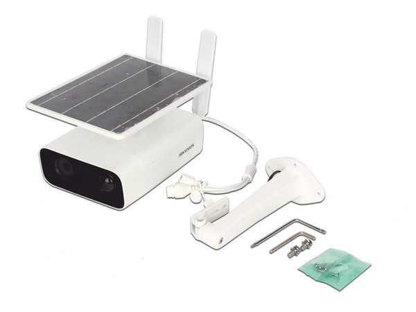 Kit de Cámara de Vigilancia IP Tipo Bala Hikvision DS-2XS2T41G0-ID/4G/C04S05 de 4MP, Lente 4 mm, Soporta MicroSD de hasta 256GB (no incluida) IR Hasta 30m, Incluye Panel solar, bateria de respaldo de litio 10Ah y accesorios de instalación, Color Blanco.