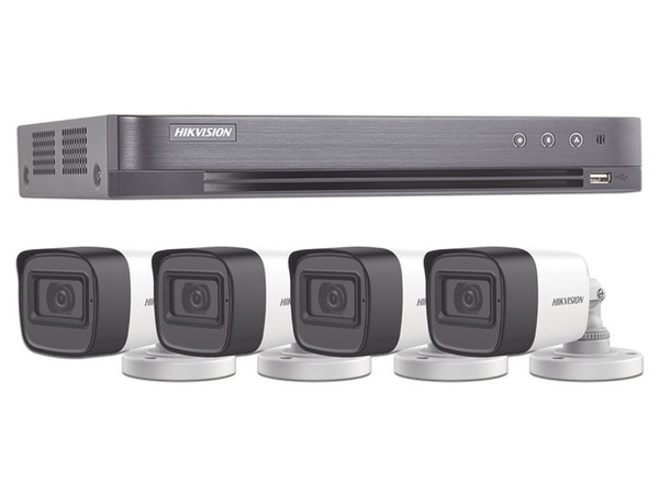 Kit TurboHD, 5 Megapixel, DVR 4 Canales, 4 Cámaras Bala con Micrófono Integrado Exterior 2.8 mm, Fuente de Poder, Accesorios de Instalación.