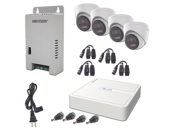 Kit de Videovigilancia HIKVISION HL-1080P-4E-TWA, DVR de 4 Canales, 2 MP, H.265+. Incluye 4 Cámaras IP Tipo Eyeball con Bocina y Micrófono integrados, Accesorios Incluidos.