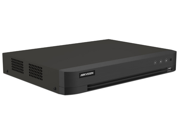 DVR Hikvision IDS-7216HUHI-M1/T de 16 Canales TurboHD + 16 Canales IP de hasta 8MP, Audio por Coaxitron, Bahía de Disco Duro(No Incluido), H.265+, ACUSENSE. Color Negro.