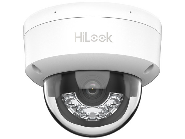 Cámara Domo IP HiLook, 2MP 1080p, Lente 2.8mm, IR 30m, Micrófono Integrado, Exterior IP67, PoE, dWDR, H.265+, ONVIF.