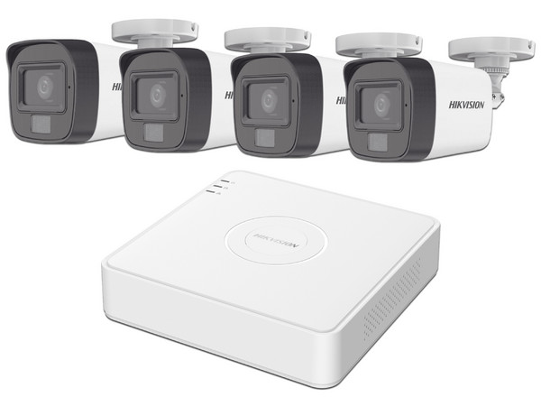 Kit TURBOHD 1080p Hikvision KH1080P4BSFH, Incluye: 1 DVR de 4 Canalee, 4 Cámaras con Micrófono Integrado, 4 Transceptores, 4 Conectores y una Fuente de Poder Profesional Compacta.