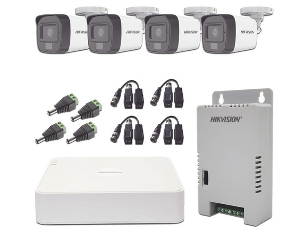 Kit TURBOHD 1080p Hikvision KH1080P4BSFH, Incluye: 1 DVR de 4 Canalee, 4 Cámaras con Micrófono Integrado, 4 Transceptores, 4 Conectores y una Fuente de Poder Profesional Compacta.