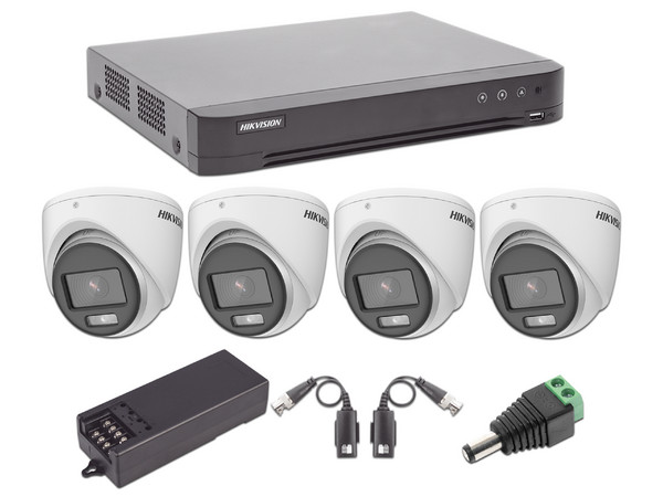 Kit de Videovigilancia Hikvision KH1080P4EC con DVR de 4 Canales, 4 Cámaras Tipo Domo 1080p, Transceptores de Video y Accesorios de Corriente.