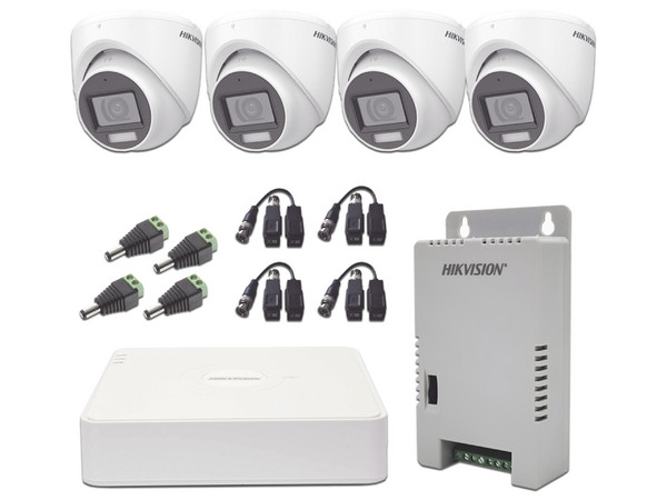 KIT TurboHD Hikvision KH1080P4ESFH, 1080p, Incluye: 1 DVR de 4 Canales con audio por coaxitron, 4 Cámaras con Micrófono, 4 Transceptores, 4 Conectores y una Fuente de Poder Profesional.
