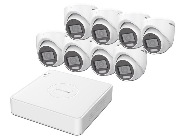 KIT TurboHD 1080p Hikvision KH1080P8EWFH, Incluye: 1 DVR de 8 Canales con audio por coaxitron, 8 Cámaras con Micrófono, 8 Transceptores, 8 Conectores y una Fuente de Poder Profesional.