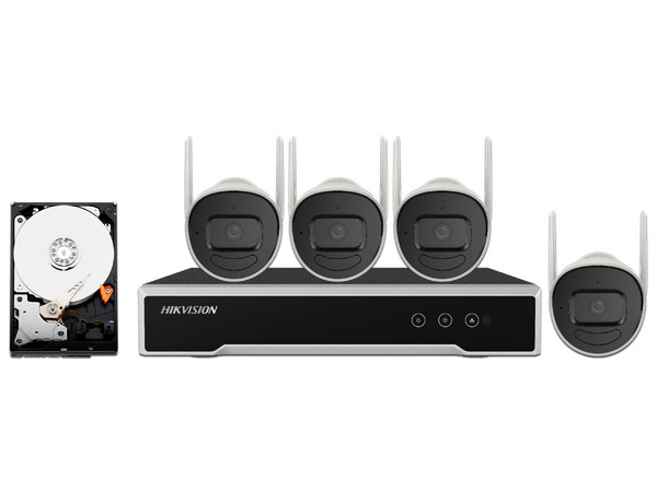 Kit de Vigilancia IP Hikvision NK42W0H-1T(WD)(D), con NVR de 4 Canales (Hasta 4MP), 4 Cámaras Bala WiFi de 2MP (1920 x 1080), Incluye 1 HDD de 1 TB, Color Negro.
