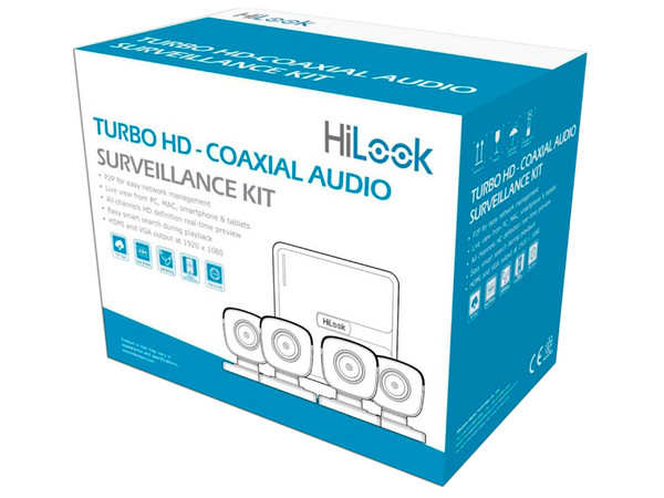 Kit de Videovigilancia HiLook HL-1080-CV/A/1TB: DVR de 2MP, 4 Canales TurboHD y 1 Canal IP, SSD de 1TB, 4 Cámaras tipo Bala de 2MP (1920 x 1080p) Luz blanca hasta 20m, IP66.