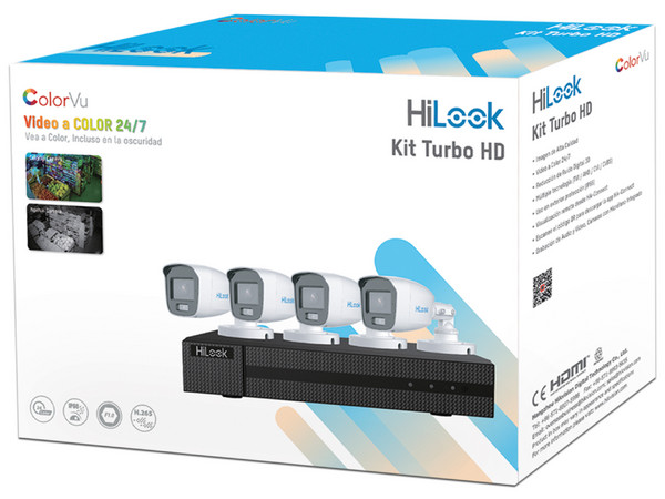 Kit De Vigilancia Hilook Turbo HD 1080p, DVR 4 Canales, 4 Cámaras Bala ColorVu con Micrófono Integrado, incluye Fuente de Poder y Accesorios de Instalación.