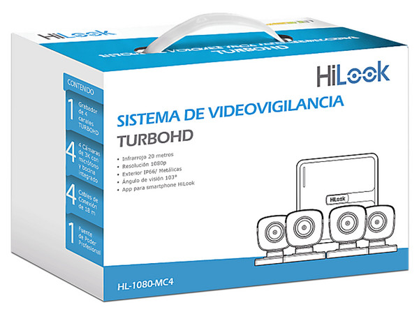 Kit de Vigilancia HiLook HL-1080-MC4, DVR DVR-104G-M1/T de 4 Canales 1080p, 4 Cámaras Tipo Bala THC-B120-MC de 2MP, Fuente de Poder, Cables de Conexión.