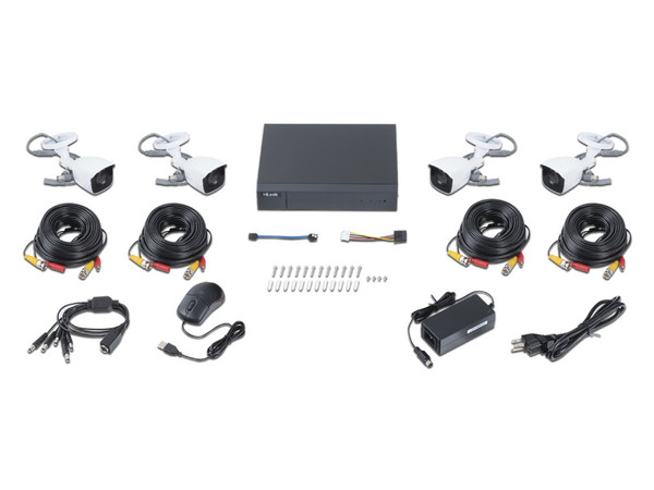 Kit de Videovigilancia HiLook HL28LQKITS-M(B), Incluye 4 Cámaras tipo Bala de 2MP (1920 x 1080), DVR de 8 Canales 720p, Fuente de Poder y 4 Cables siamés para video y alimentación.