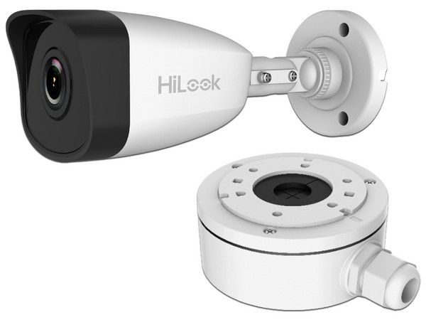 Cámara de Vigilancia Tipo Bullet HiLook IPCB140H(C)/XSP de 4MP, IR hasta 30m, IP67. Incluye Caja de Conexiones DS-1280-ZJ-XS-P.