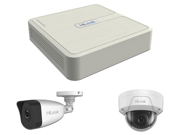 NVR HiLook NVR-104H-D/4P(C) de 2 MP, 4 canales Ethernet, Salida de video HDMI (4K), VGA, no incluye disco duro, Color Blanco. Incluye 2 Cámaras IP tipo bala y 2 Cámaras IP tipo domo.