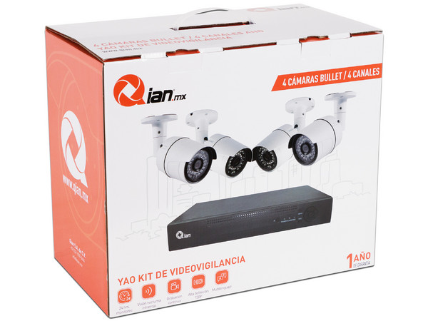 Kit de seguridad Qian Yao de 4 Cámaras tipo bala de 1MP (720p) y 1 DVR de 4 canales.