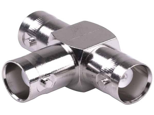 Adaptador Tripié RF Industries RFB-1131 en Forma T de BNC(Hembra) a Doble BNC(Hembra). Color Plateado