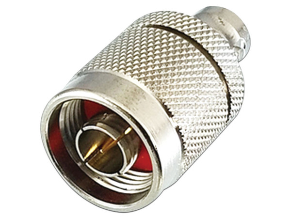 Adaptador en Línea RF INDUSTRIES RFN-1037-1 de Conector N Macho a BNC Hembra, Plata, Oro, Teflón.