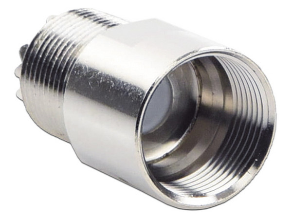 Conector UHF Hembra (SO-239) en Línea de Rosca para RG-8/U, 9913, LMR-400, Níquel/Plata/Teflón.