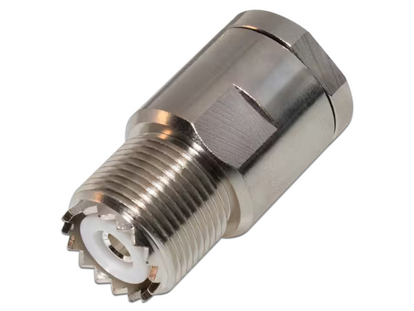 Conector UHF Hembra (SO-239) en Línea de Rosca para RG-8/U, 9913, LMR-400, Níquel/Plata/Teflón.