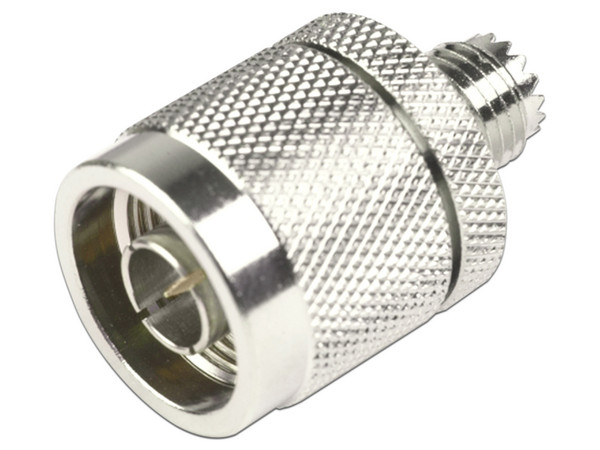 Adaptador en Línea RF Industries de Mini-UHF (H) a N (M). Color Plata.
