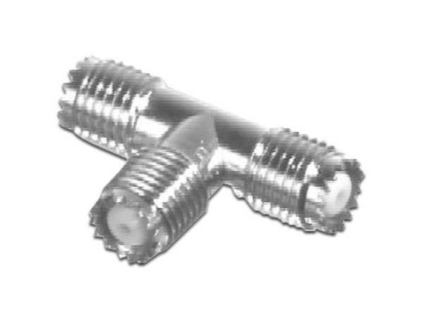 Adaptador en T, de Conector Mini-UHF Hembra a Doble Mini-UHF Hembra, Níquel, Plata, Teflón.