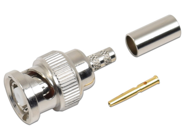 Conector RF Industries RP-1106-C, Tipo BNC Macho Inverso de Anillo Plegable para Cables RG-58/U, RG-142/U.