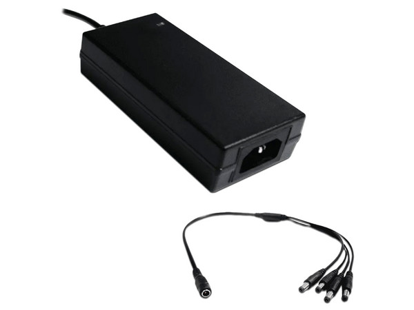 Adaptador de Corriente Saxxon PSU1205D, Entrada 100 - 240V, Salida 12V, Incluye Divisor de Energía PSUWB07 para 4 Cámaras.