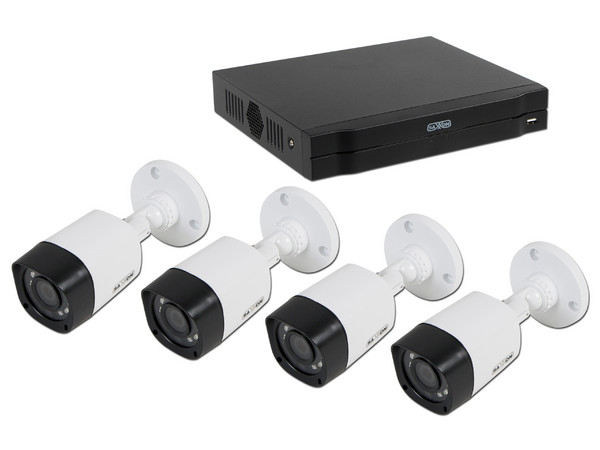 Kit de seguridad SAXXON Trihibrido con DVR SAX7204HS3 de 4 canales y 4 cámaras tipo bullet BFX3172CV, no incluye disco duro.
