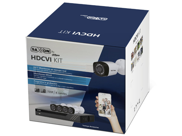 Kit de Seguridad Saxxon PRO SAX4108XHXKIT con 1 DVR SAX4108XHX de 8 canales y 8 cámaras BF2810T, IR hasta 20m, IP67, No incluye Disco Duro.