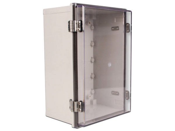 Gabinete de plástico para exteriores SBE TECH TR15015090, con cubierta transparente.