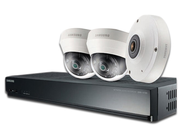 Kit de seguridad Samsung con DVR SRN-437S de 4 canales, 2 cámaras IP tipo Domo SND-L6013R y 1 cámara tipo ojo de pescado, Incluye disco duro de 1 TB.