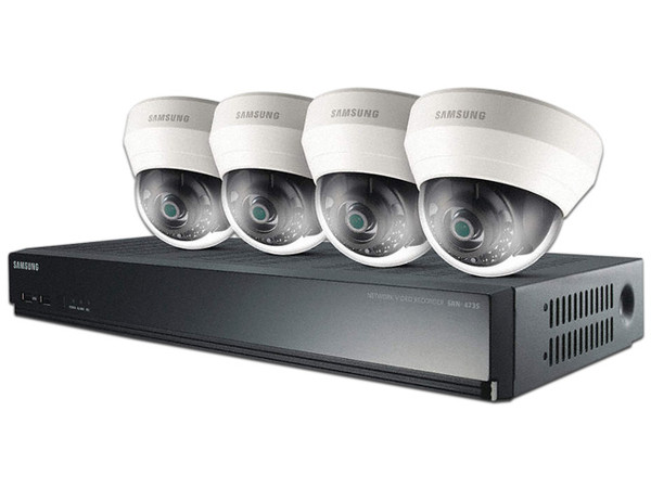 Kit de seguridad Samsung con DVR SRN-437S de 4 canales y 4 cámaras IP tipo Domo SND-L6013R, Incluye disco duro de 1 TB.