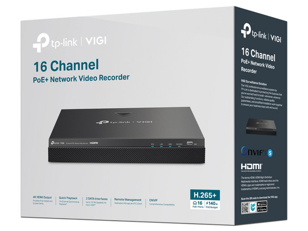 NVR TP-Link NVR2016H-16MP de 16MP, 16 Puertos PoE+ de 10/100 Mbps, Salida de video HDMI (4K), VGA, No Incluye Disco Duro. Color Negro.