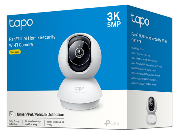 Cámara Wi-Fi para Hogar, Tapo C230, 5 Megapíxeles, Panorámica 360, Visión Nocturna Mejorada.