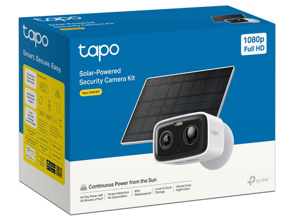 Kit de Cámara IP Tipo Bala TP-Link Tapo C400 KIT de 2MP Full HD (1920 x 1080), Inalámbrico, IR 10m, IP65, Panel Solar. Color Blanco.