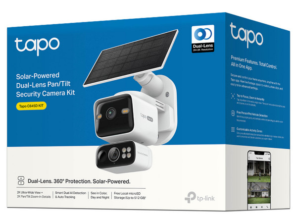 Cámara Inteligente TP-Link TAPO C645D KIT de 3MP 2K, Doble Lente, Panel Solar, Wi-Fi, Soporta Memorias MicroSD. Color Blanco.