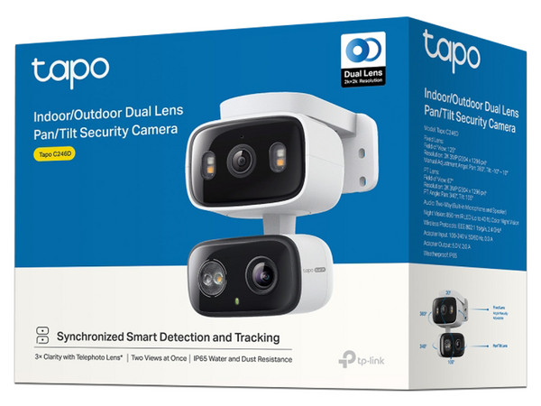 Cámara de Seguridad Colgante TP-Link Tapo C246D de 3 MP (2304 x 1296), Lente de 2.8 mm, 107.8 Grados de Apertura, Visión Nocturna de 12 m, WDR de 99 dB, Soporta MicroSD de hasta 512GB (No incluida).