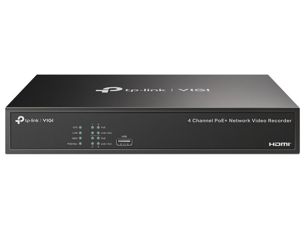 NVR TP-Link VIGI NVR1004H-4P de 4 Canales PoE+, 16MP (3840 x 2160), H.265+, Puerto para Disco Duro de hasta 10TB (No incluido).