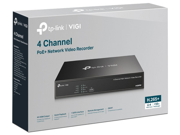 NVR TP-Link VIGI NVR1004H-4P de 4 Canales PoE+, 16MP (3840 x 2160), H.265+, Puerto para Disco Duro de hasta 10TB (No incluido).