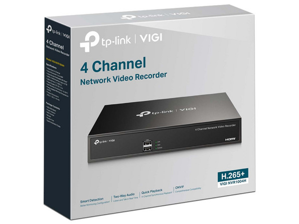 NVR TP-Link VIGI NVR1004H de 4 Canales PoE+, 8MP (3840 x 2160), H.265+, Puerto para Disco Duro de hasta 10TB (No incluido). Color Negro.