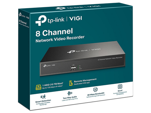 NVR TP-Link VIGI NVR1008H con 8 canales, soporta hasta 10TB (no incluye Disco Duro).