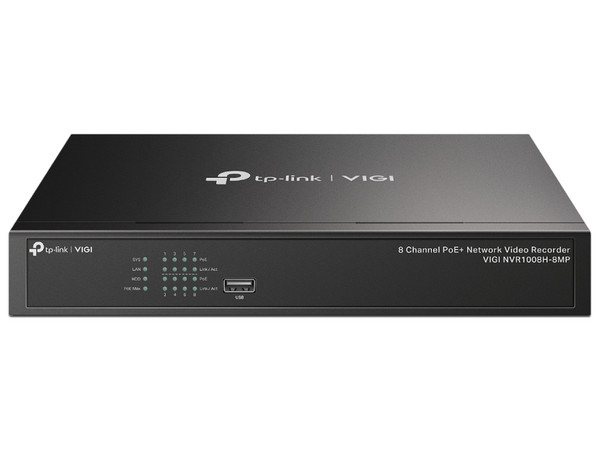 NVR VIGI Tp-Link NVR1008H-8MP PoE+ de 8 Canales, Vídeo H.265+,  HDMI, Soporta hasta 10TB (No Incluye Discos Duros), Color Negro.