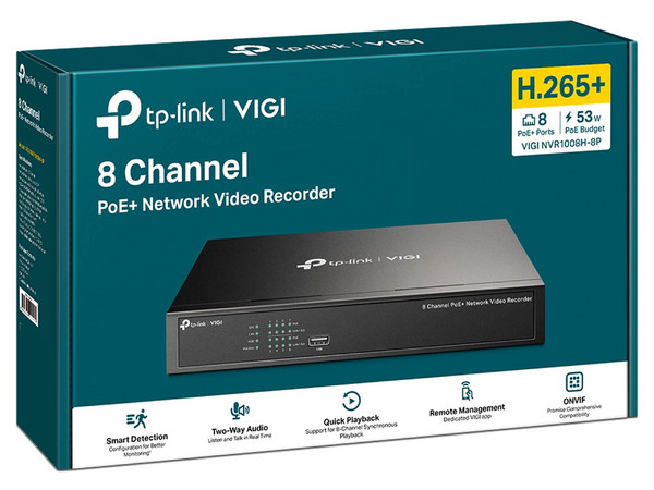 NVR en Red TP-Link VIGI NVR1008H-8P, 8 Canales, PoE, 4K a 60Hz, 1 Puerto Ethernet, Color Negro.