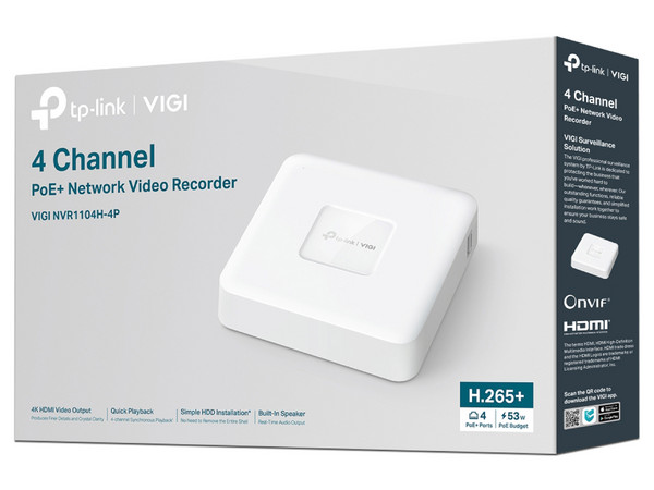 NVR TP-Link VIGI NVR1104H-4P de 4 Canales PoE+ de 10/100 Mbps, HDMI 4K, Soporta Disco Duro de Hasta 10TB (No Incluido). Color Blanco.