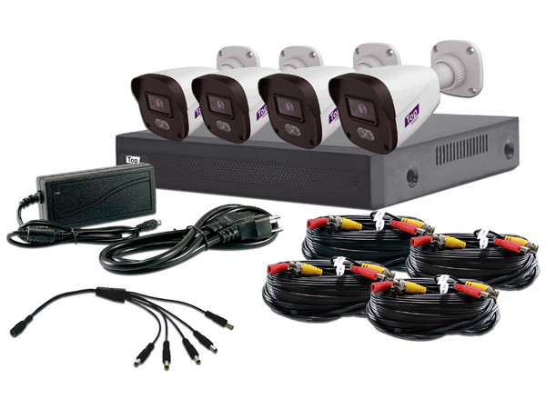 Kit de Vigilancia Top Vision TOP24ADLKIT, Incluye DVR XVR-204AI de 4 Canales 1080 Lite, Audio por Coaxial o UTP, Analítica Básica Integrada SMD, Detección de Objetivo, 4 Cámaras Tipo Bala TBDL202A de 2MP, Lente de 2.8mm, Luz Dual y Micrófono.
