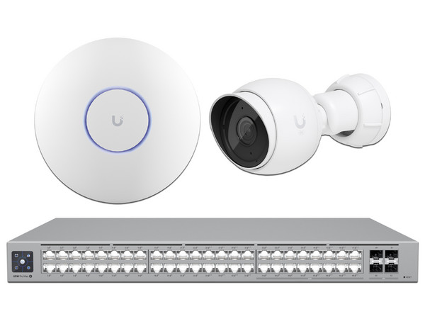 Kit de Seguridad Ubiquiti UniFi Enterprise, Access Point U7-PRO Wi-Fi 7, Alimentación PoE, Switch USW-PRO-MAX-48-POE de 48 Puertos y Soporte PoE++, Capa 3, Cámara UVC-G5-Bullet con Resolución 2K. Color Blanco.