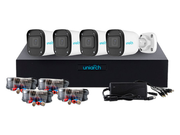 Kit de Videovigilancia Uniarch KIT-104F, Incluye DVR XVR-104F-4CH, 4 Cámaras Uniarch  Tipo Bala UAC-B112-F28-X-H  de 2MP (1920 x 1080), 4 Cables Pre Ponchados. (Sin Caja).