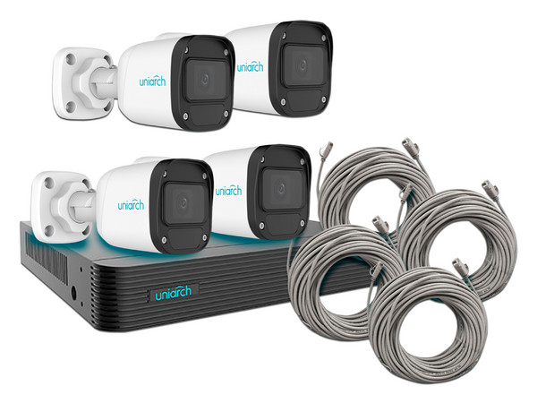 Kit de Videovigilancia Uniarch con NVR 104E2-P4 de 4 Canales, PoE, 4 Cámaras IPC-B124-APF28K de 2MP (1920 x 1080), IR hasta 30m y 4 Cables pre-ponchados de 18m.